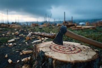 Close-up of bullseye target covered in axe marks. 