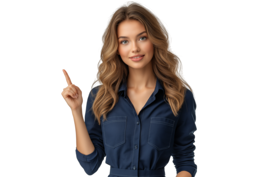 Smiling professional woman pointing upward isolated on white, great for business promo or slides