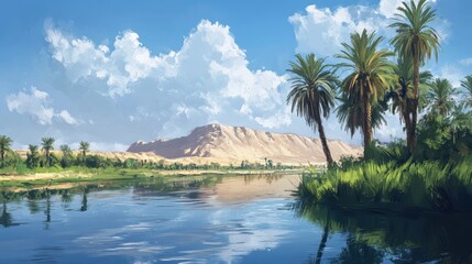 Obraz premium Nile River in Egypt: Scenic View of Mountains, Palm Trees, and Reflections in the Water