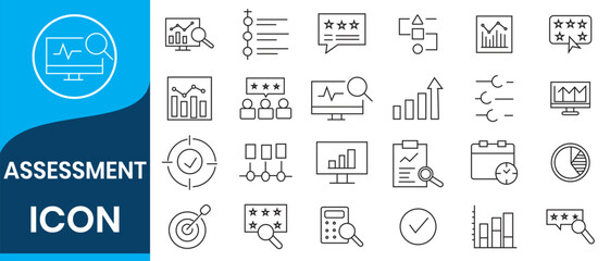 Assessment line  icon set. Containing Audit, analysis, plan, evaluation, result, goal and more. Vector illustration