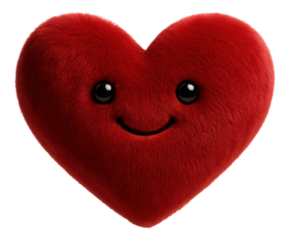 Cute fluffy red heart with a smiling face on transparent background.