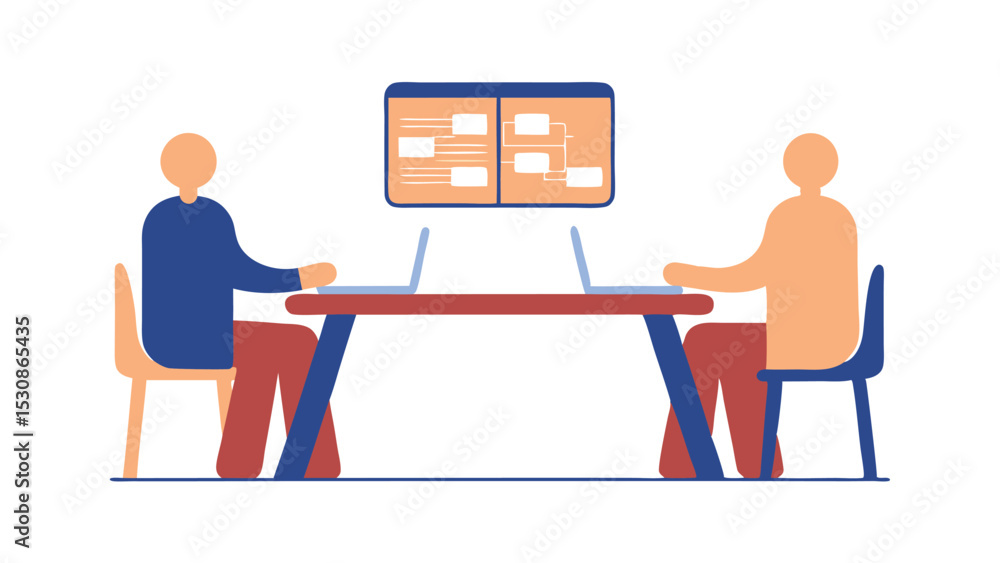 Poster two people working at a table with laptops and a flowchart on a screen behind them in a meeting room