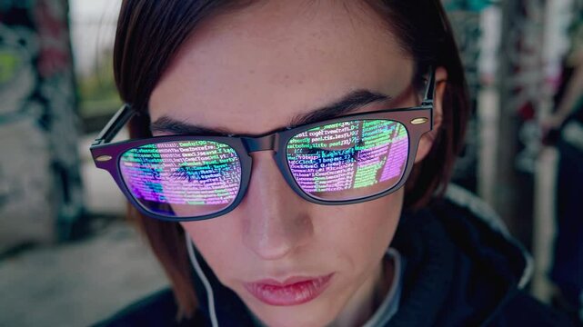 Close-up of a woman programmer wearing futuristic glasses reflecting lines of code, potentially working on a software development project in an urban environment with graffiti