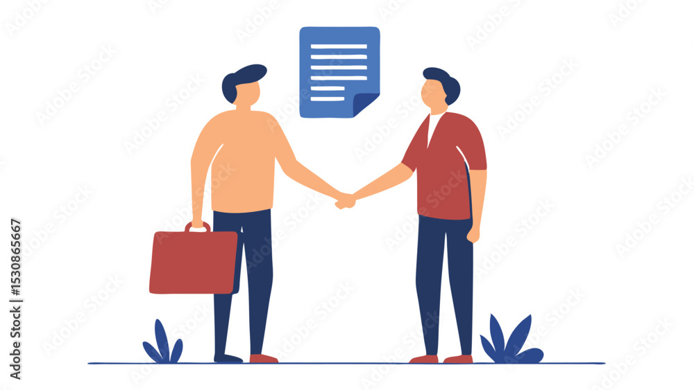 Poster two men shaking hands in front of a document icon with a briefcase and plants at the bottom