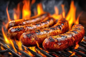 Sausages grilling on barbecue. Bratwursts over the hot coals and fire. Generative Ai
