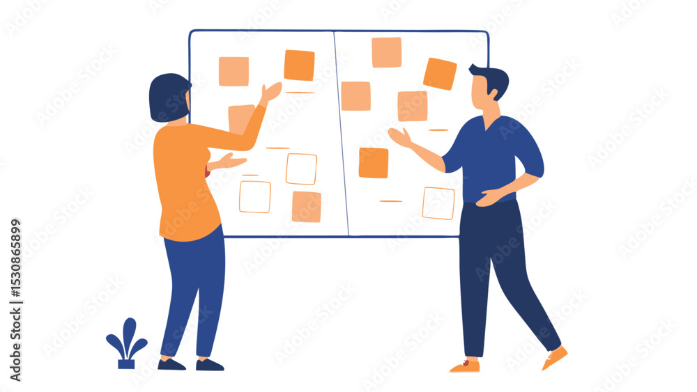 Poster two people collaborating on a whiteboard with sticky notes in a business meeting setting scenario sc