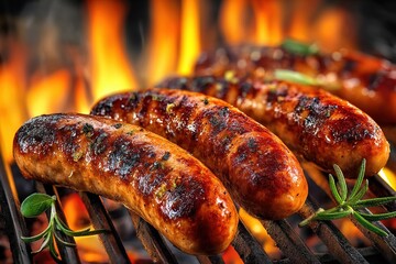 Sausages grilling on barbecue. Bratwursts over the hot coals and fire. Generative Ai
