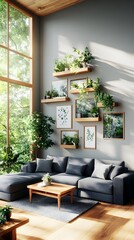 Fototapeta premium Modern living room, plants, shelves, sunlight, forest view, interior design