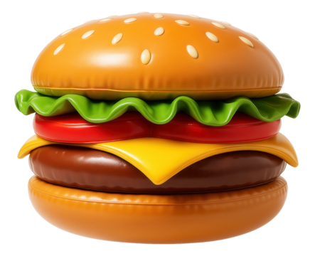 Giant inflatable hamburger chair featuring sesame seed bun, lettuce, tomato, cheese, and beef patty details on transparent background.