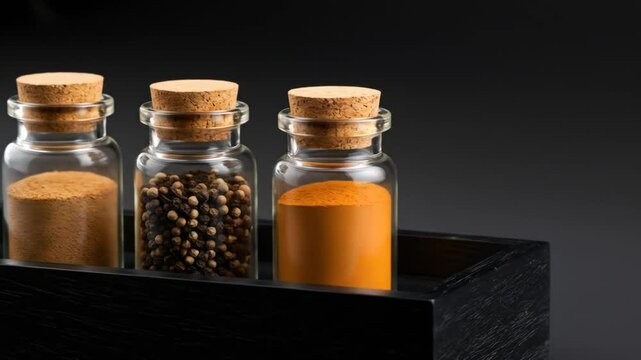 Spices in jars on dark tray