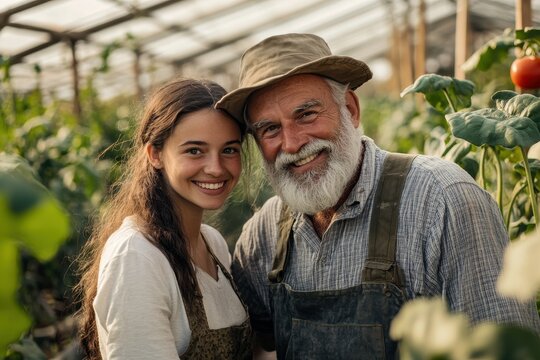 Old And Young Farmer: Smiling Retail Manager and Worker in Greenhouse Lit by Sunlight