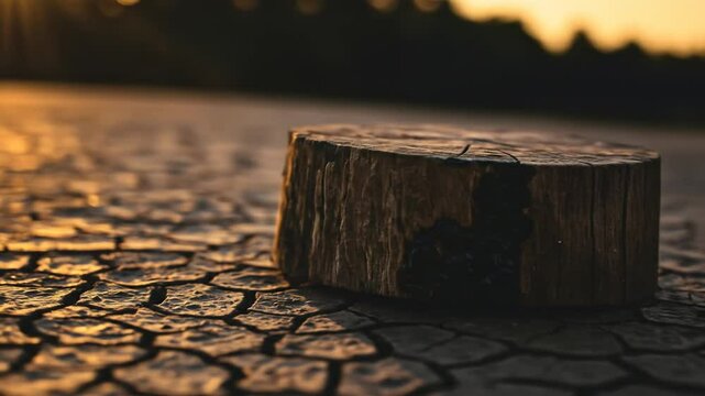 Tree stump in cracked earth at sunset