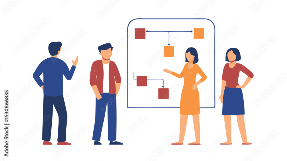 Poster team collaboration with flowchart presentation showing business strategy and planning session in off