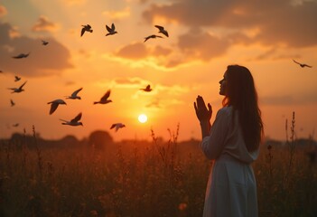 Serene Woman in Field with Flying Birds