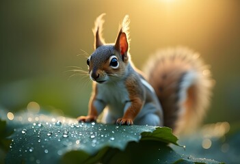 Squirrel on a leaf, with water droplets, soft light.