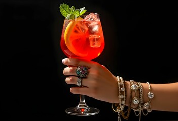 Elegant Spritz with Jewels on Hand, Dark Background