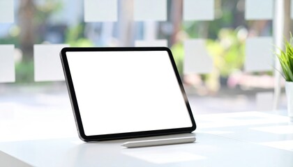 Fototapeta premium Blank tablet on a bright desk with a stylus, surrounded by greenery and natural light