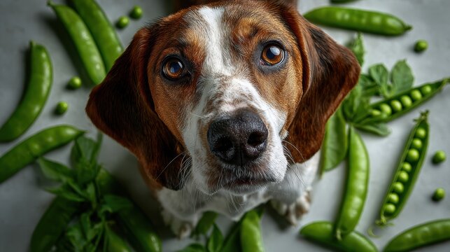 Snout of a dog surrounded by fresh green peas in a light gray setting for a delightful culinary moment