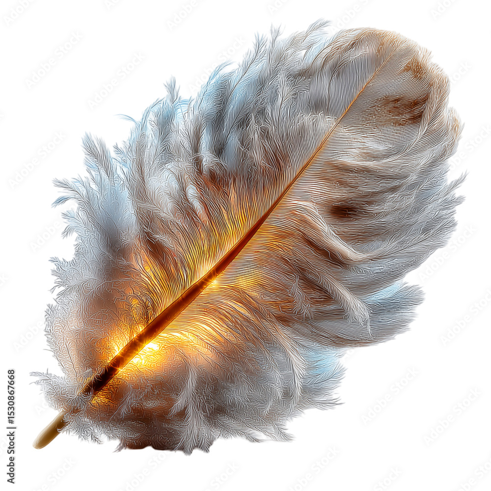Poster artistic rendering of a fluffy feather with light shining through it isolated on transparent backgro