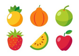 Six colorful flat fruit icons illustration