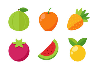 Flat design fruit icons guava apple strawberry mangosteen watermelon lemon