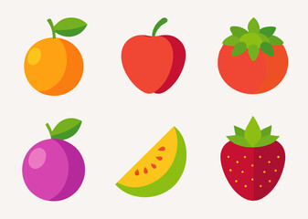 Flat design fruit icons set orange apple strawberry plum watermelon