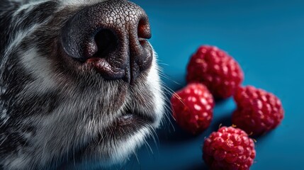 Dogs nose exploring ripe raspberries against a vibrant sky blue backdrop invites playful curiosity and delightful summer vibes