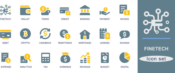 
 Modern fintech icon set. Featuring unique fintech designs including wallet, crypto, banking, and payment symbols. Perfect for finance, app UI, and web projects.
