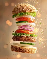 Hamburger with flying ingredients. Ai Generative