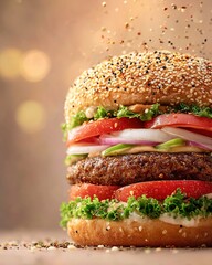 Hamburger with flying ingredients. Ai Generative