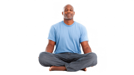Relaxed man practicing mindfulness in a cross legged lotus position, eyes closed, embodying inner peace and tranquility on a transparent background for wellness concepts