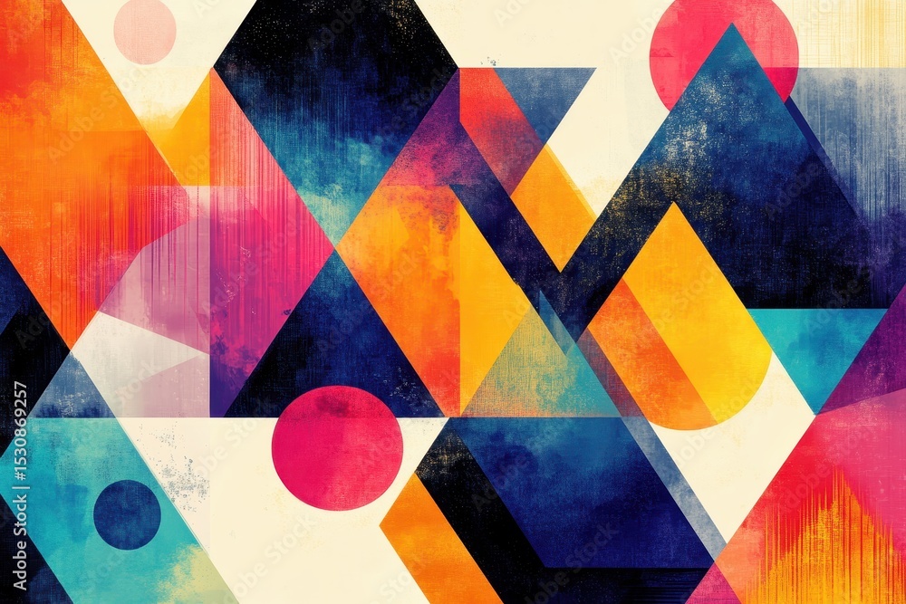 Leinwandbilder Colorful abstract geometric pattern of triangles and circles, blue, yellow, red and orange elements creating a visually dynamic and vibrant composition