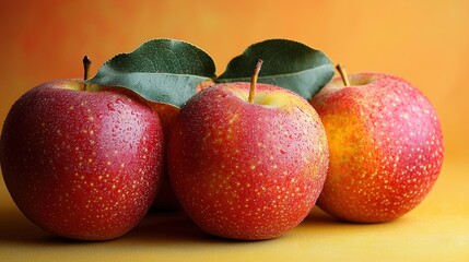 Four red apples with green leaves rest on a yellow surface against a warm orange backdrop; water droplets are visible