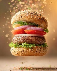 Hamburger with flying ingredients. Ai Generative