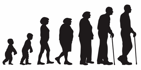 Silhouette illustration showing the stages of human life from baby to old age with walking stick design vector