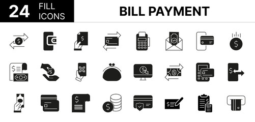 Collection of 24 Bill Payment fill icons featuring editable strokes. These outline icons depict various modes of Bill Payment, payment, finance, bill, money,