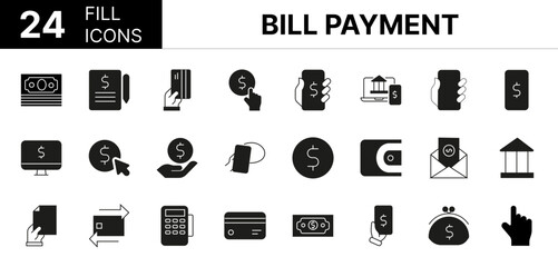 Collection of 24 Bill Payment fill icons featuring editable strokes. These outline icons depict various modes of Bill Payment, payment, finance, bill, money,