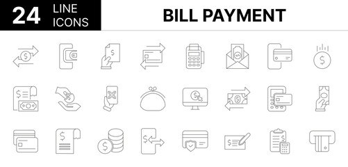 Collection of 24 Bill Payment line icons featuring editable strokes. These outline icons depict various modes of Bill Payment, payment, finance, bill, money,