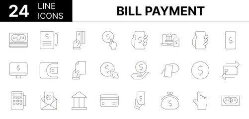Collection of 24 Bill Payment line icons featuring editable strokes. These outline icons depict various modes of Bill Payment, payment, finance, bill, money,