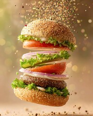 Hamburger with flying ingredients. Ai Generative
