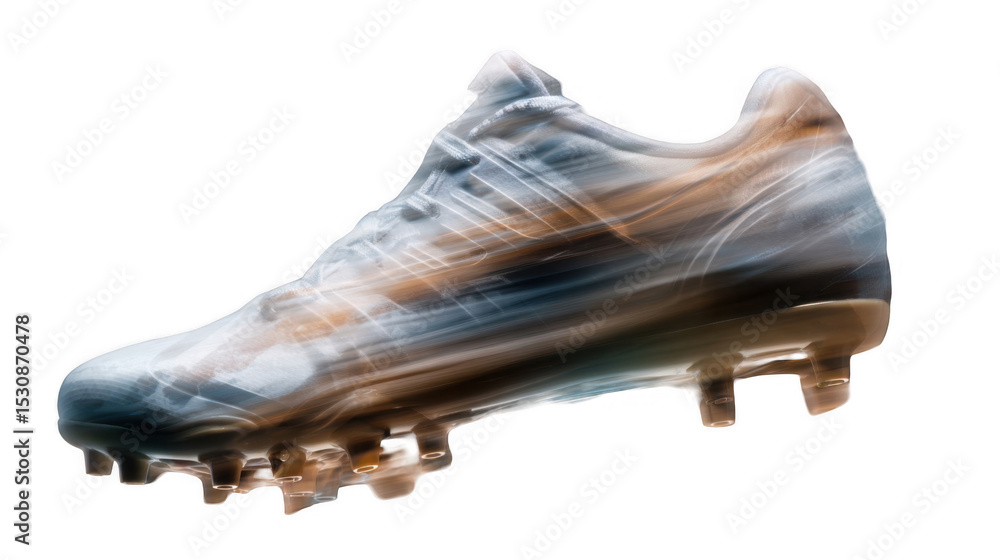 Poster soccer cleat moving at high speed, creating a motion blur effect that emphasizes its dynamic movemen