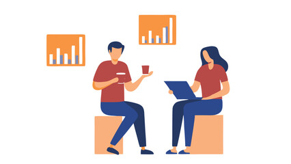 Illustration of two people sitting with laptop and cup discussing data charts in background