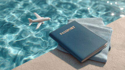 Financial Independence Retire Early concpet ,passport and towel beside pool with toy airplane, evoking travel dreams