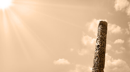 Old wooden idol in the field