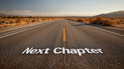 Financial Independence Retire Early concpet ,road leading to horizon with motivational sign saying Next Chapter evokes sense
