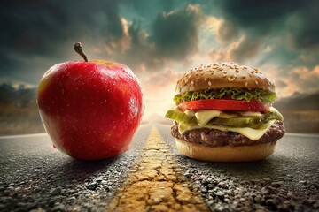 Apple and Hamburger on the road. Healthy food vs junk processed food. Generative Ai