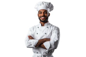Confident chef man standing isolated on white background, perfect for food blogs and chef profiles