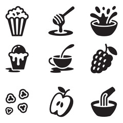 Black and White Simple Food Icons Set, set features nine simple, black and white icons of various food items vector art on white