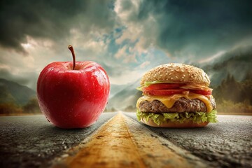 Apple and Hamburger on the road. Healthy food vs junk processed food. Generative Ai
