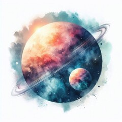 Pastel Space Planets in Artistic Watercolor Style. AI generated illustration